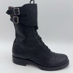Frye Sz 7.5 Black Julie Lace Up Zip Buckle Cap Toe Military Combat Boots 77790